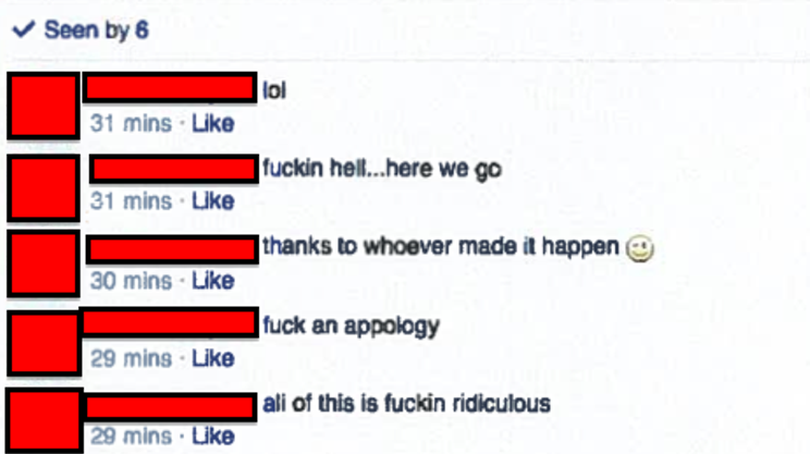 A screenshot from the Dalhousie DDS Class of 2015 Gentlemen Facebook group. One member has written "Fuck an apology"
